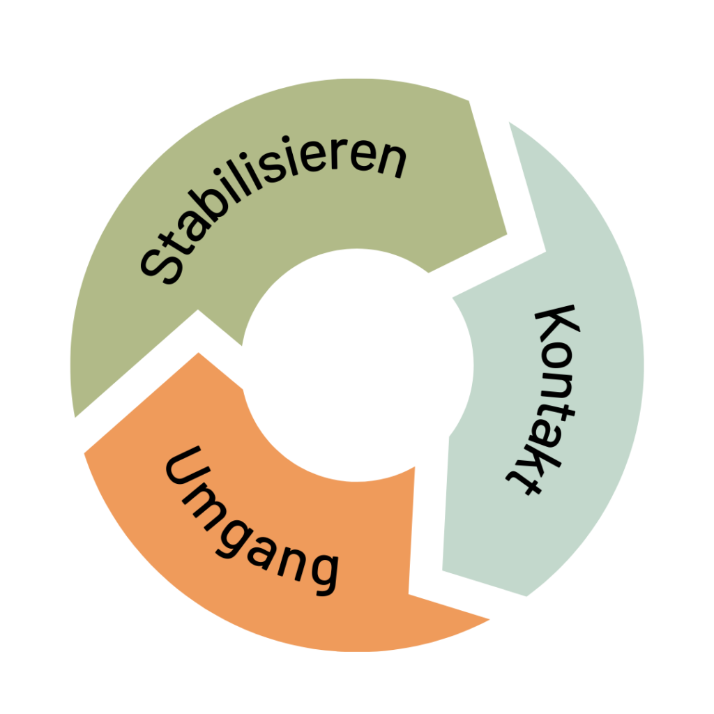 Kreislauf der Sitzung. Ausgang ist Stabilisierung, dann Kontakt mit der emotionalen Situation, Umgang mit Emotion wird gelernt und schließlich stabilisiert. Dann beginnt der Prozess von vorn.